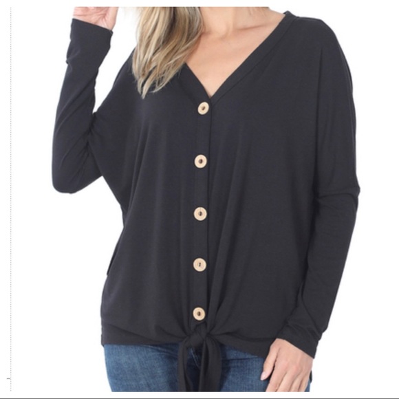 Black long sleeves button down tie front tunic top - Picture 2 of 4